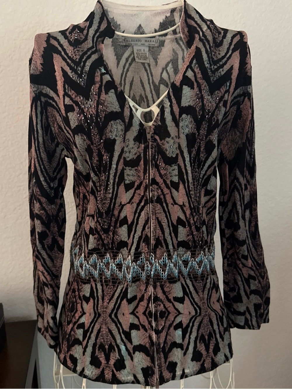 Alberto Makali Black, Pink & Blue Abstract Zip-Front Long Sleeve Dress